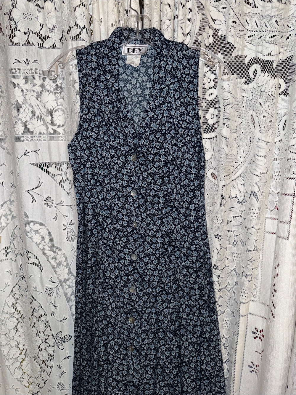 DBY Sleeveless Navy Floral Button-Front Midi Dress